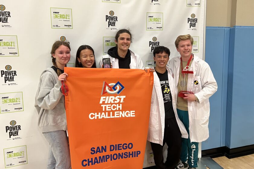 Ava Tasende, Lizzie Yoon, Roland Breise, Jax Espinosa and Trey Guccini at the First Tech Challenge Regional Championship.