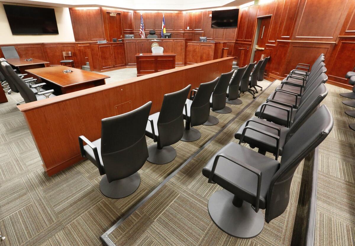 The jury box inside a courtroom in the Arapahoe County District Court in Centennial, Colo.
