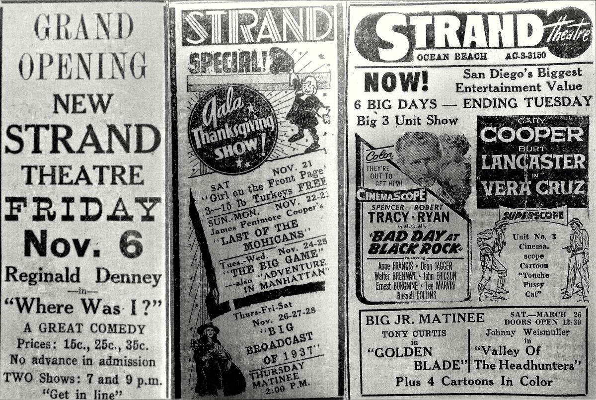 Newspaper ads from the Strand’s grand opening in 1925, Thanksgiving week 1936 and March 1954.