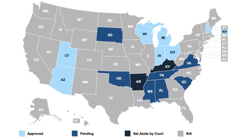 A U.S. map indicating which states have sought federal approval for Medicaid work rules.