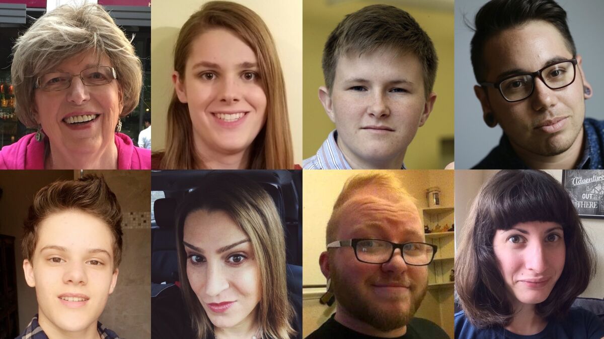 Transgender North Carolinians say the state's bathroom law has brought a new climate of fear to the state. Top row, left to right: Roberta Dunn, Kaylin Mercer, Payton McGarry, Joaquin Carcano. Bottom row, left to right: Ethan Mayo, Erica Lachowitz, August Branch, Lily Carollo.