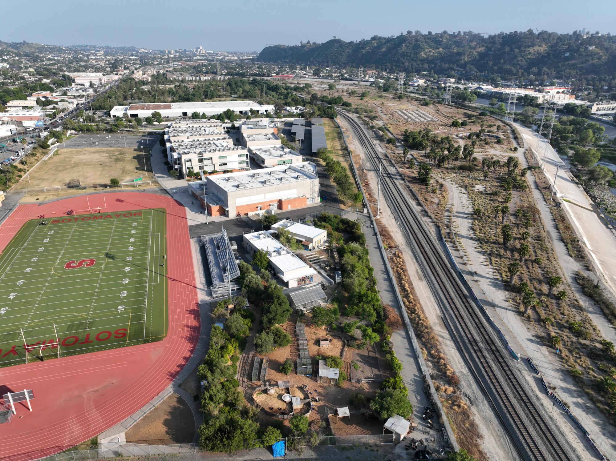 An aerial view of a campus-based farm.