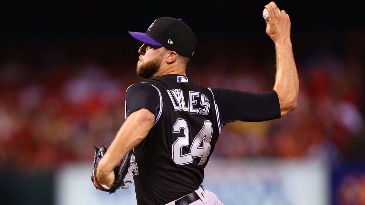 Rockies right-hander Jordan Lyles delivers a pitch against the St. Louis Cardinals in the sixth inning at Busch Stadium on July 26, 2017 in St. Louis, Missouri.