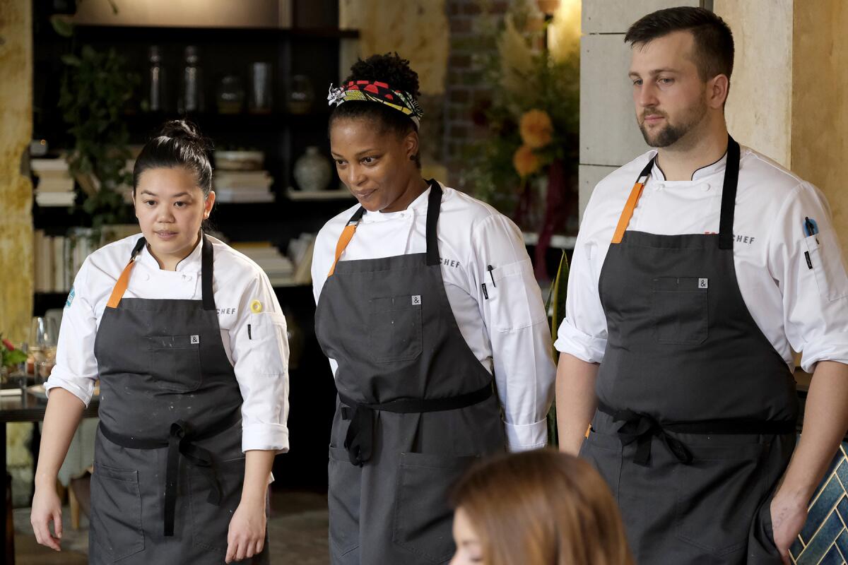 "Top Chef" contestants Jamie Tran, left, Dawn Burrell, Gabriel Pascuzzi.
