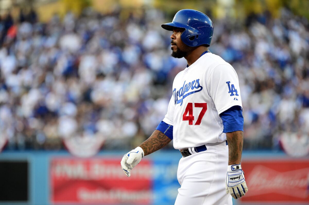 Former Dodgers second baseman Howie Kendrick looks on during Game 5 of the National League Division Series against the New York Mets on Oct. 15.