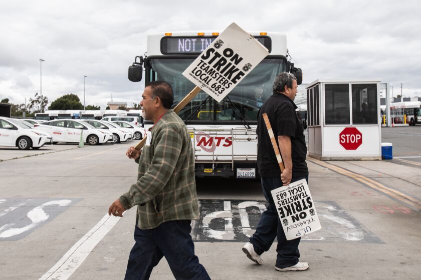 Chula Vista, CA - May 31: MTS bus drivers contracted through Transdev, a private company, continue their strike in front of MTS South Bay in Chula Vista, CA on Wednesday, May 31, 2023. The workers are demanding better working conditions, including access to restrooms, meal period areas and better pay. (Adriana Heldiz / The San Diego Union-Tribune)