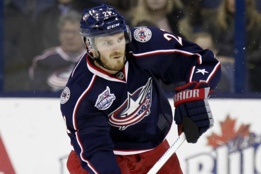 Columbus Blue Jackets defenseman James Wisniewski controls the puck during a game against the Buffalo Sabres on Feb. 24. Wisniewski was traded to the Ducks on Monday.
