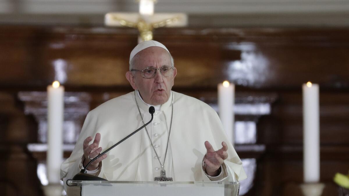 Pope Francis delivers his speech during the ecumenical meeting with young people in the Lutheran Charles' Church in Tallinn, Estonia, on Sept. 25.