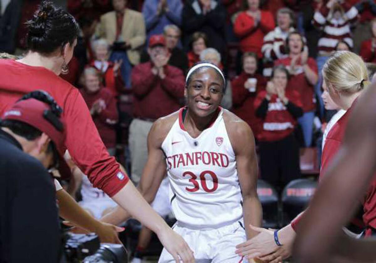 Stanford forward Nnemkadi Ogwumike heads onto the court during player introductions before a Feb. 29 game.
