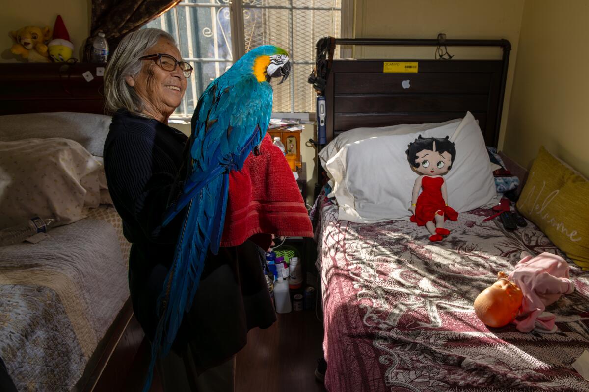 Blanca Ruiz with her pet macaw at her home in Los Angeles.
