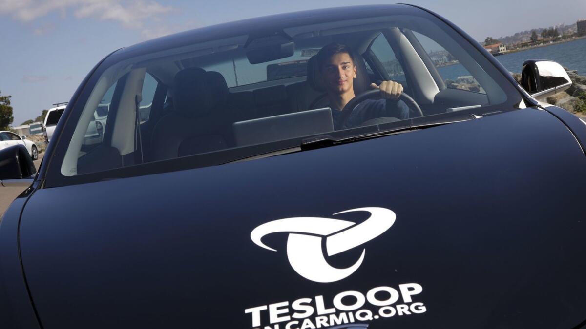 Haydn Sonnad, founder & chief evangelism officer of Tesloop, a startup company that uses a fleet of Tesla cars to drive passengers, is starting its one-way rental service between San Diego and Los Angeles, called Cruiser, visited Shelter Island in one of the Tesla Model 3 cars.