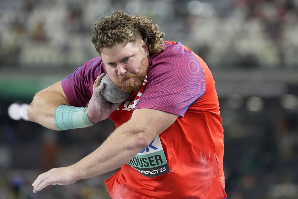 Ryan Crouser competes in shot put at the World Athletics Championships on Saturday.