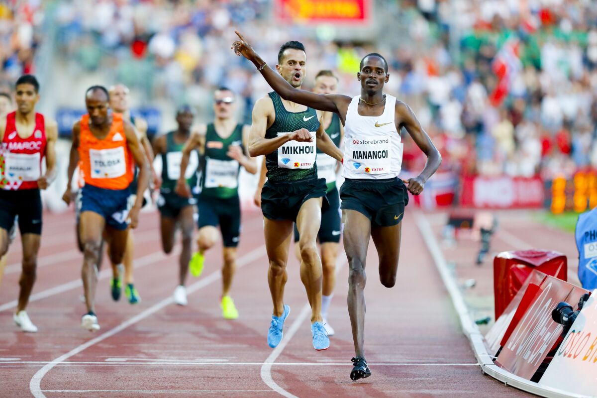 Elijah Motonei Manangoi of Kenya celebrates winning the men's mile race at the 2018 Bislett Games on June 7, 2018 in Oslo, Norway. 
