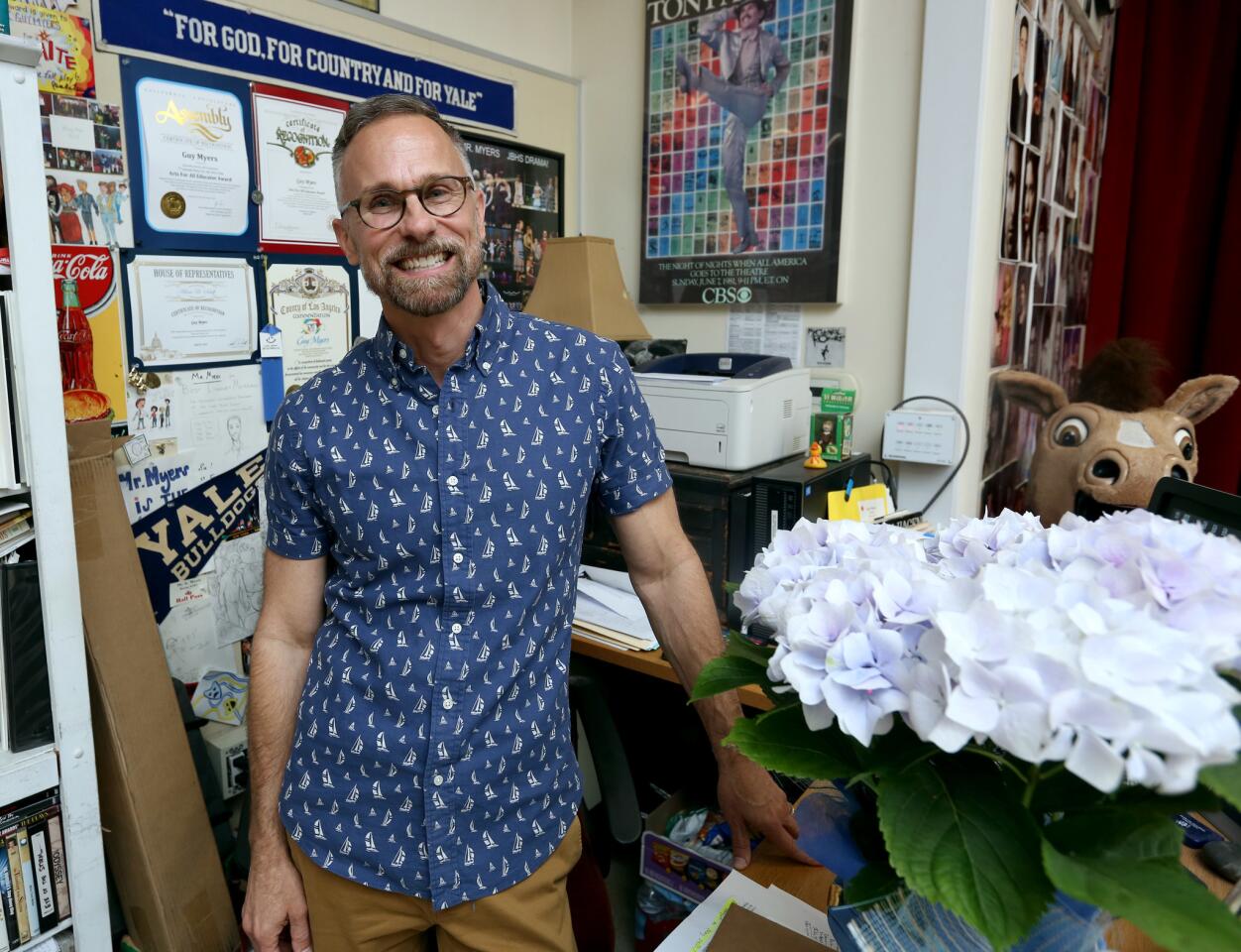 Burroughs High School drama teacher Guy Myers was named Burbank Unified School District Teacher of the Year, during class in Burbank on Wednesday, April 17, 2019. District officials stopped by his class to give him the news.