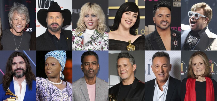 This combination of photos shows, top row from left, Jon Bon Jovi, Garth Brooks, Miley Cyrus, Billie Eilish, Luis Fonsi, Elton John, bottom row from left, Juanes, Angélique Kidjo, Chris Rock, Alejandro Sanz, Bruce Springsteen and Gloria Steinem, who are among the celebrities expected to participate in a Global Citizen-organized social media rally to show support for Ukraine. (AP Photo)