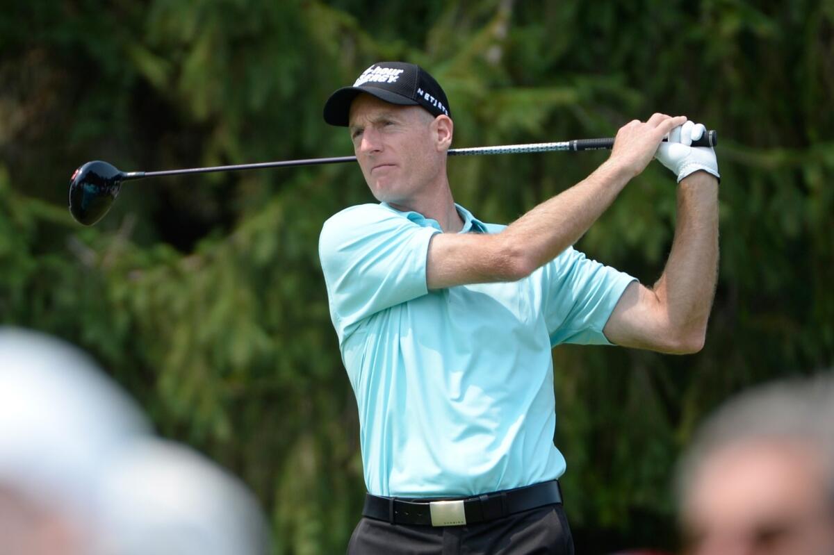 Jim Furyk tees off on the eighth hole during the second round of the RBC Canadian Open on Friday at Royal Montreal.