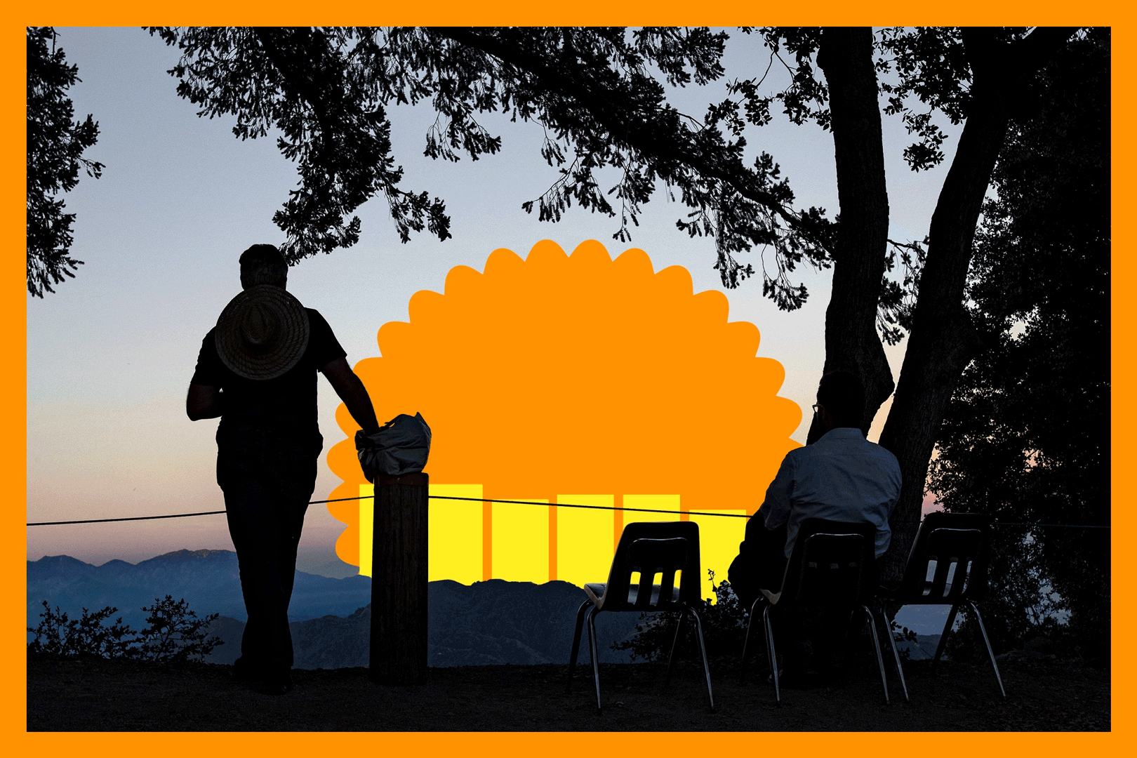 An illustration of hikers under trees next to a picnic bench watching a rotating sun 