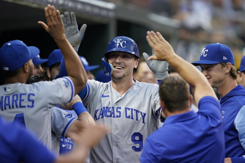 Kansas City Royals' Vinnie Pasquantino (9) celebrates his home run in the fourth inning of a baseball game against the Detroit Tigers in Detroit, Friday, July 1, 2022. (AP Photo/Paul Sancya)