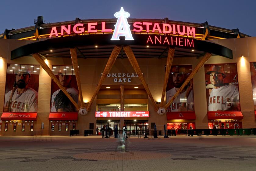 An outside look at Angel Stadium at night