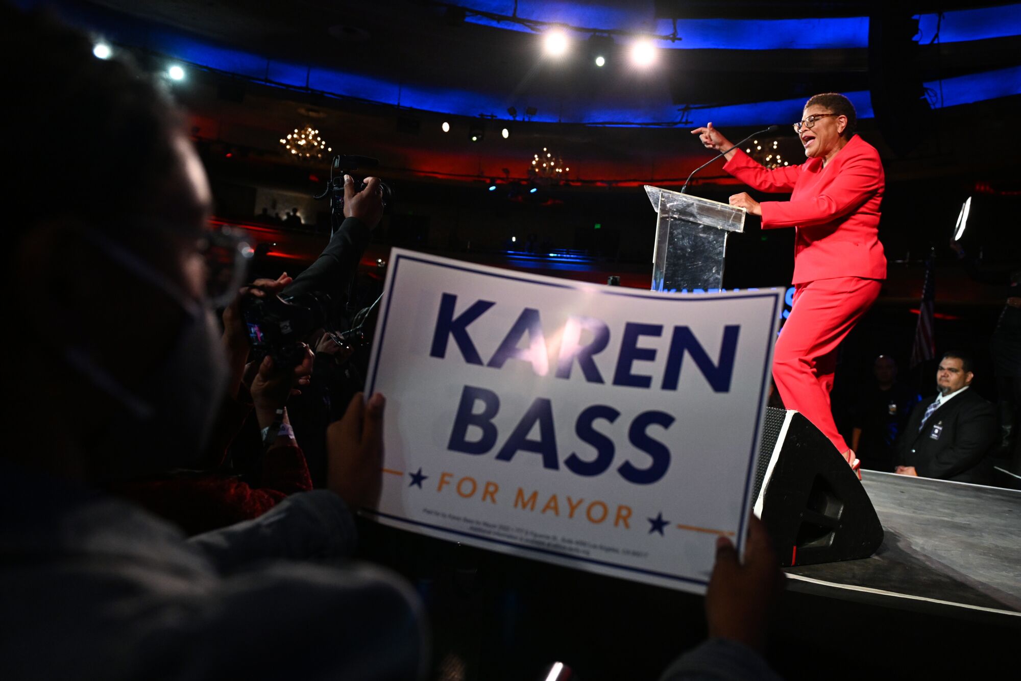 Rep. Karen Bass speaks during an election night rally in Los Angeles.