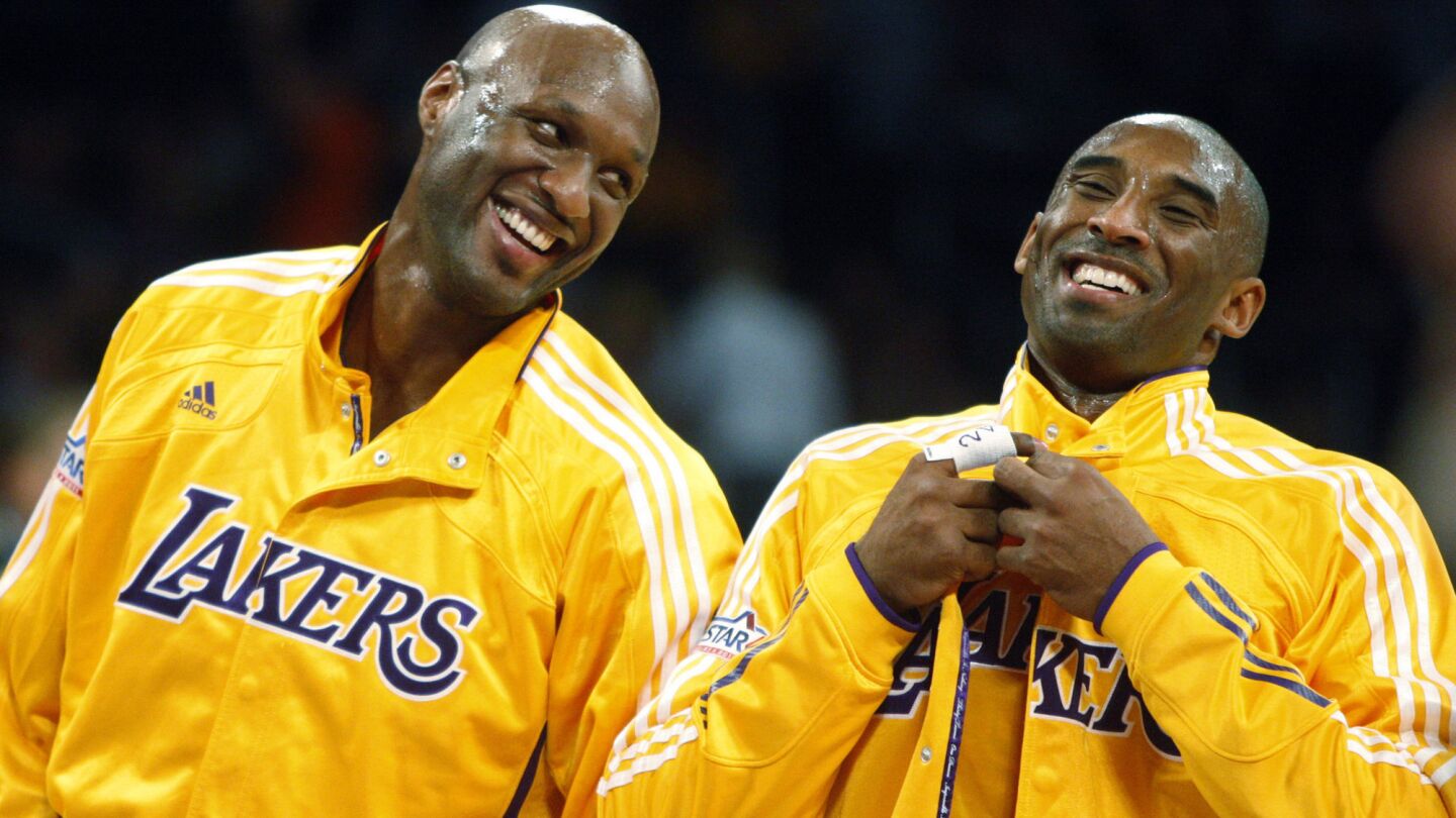 Lamar Odom and Kobe Bryant share a laugh before a game against the Minnesota Timberwolves at Staples Center on Nov. 9, 2010.