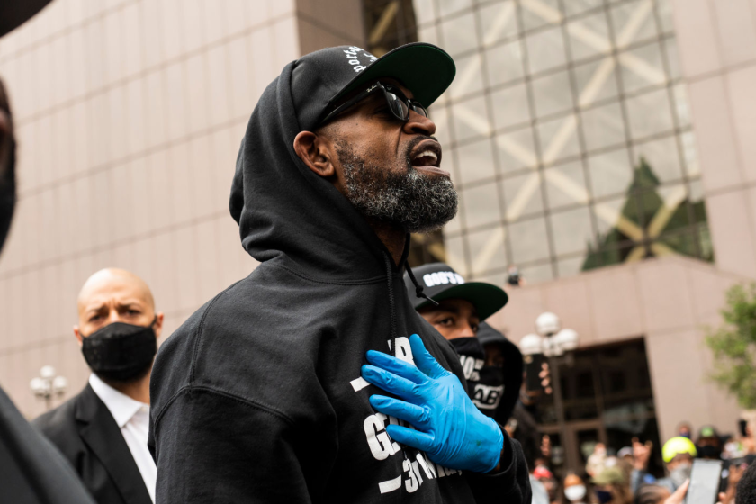 MINNEAPOLIS, MN - MAY 29: Former NBA player Stephen Jackson speaks at a protest in response to the police killing of George Floyd outside the Hennepin County Government Center on May 29, 2020 in Minneapolis, Minnesota. Jackson, who was friends with George Floyd, spoke at a press conference before joining the protest. (Photo by Stephen Maturen/Getty Images)