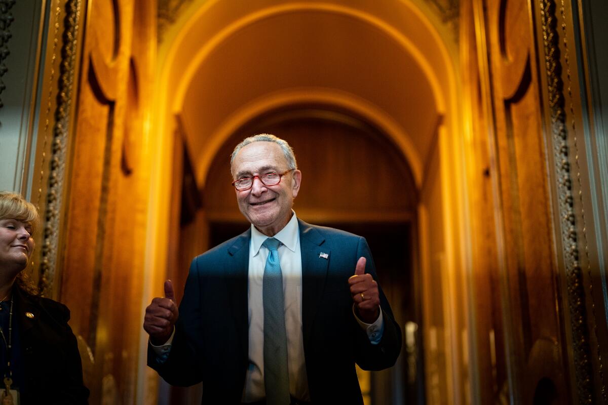 Senate Majority Leader Chuck Schumer holds two thumbs up outside the Senate chamber