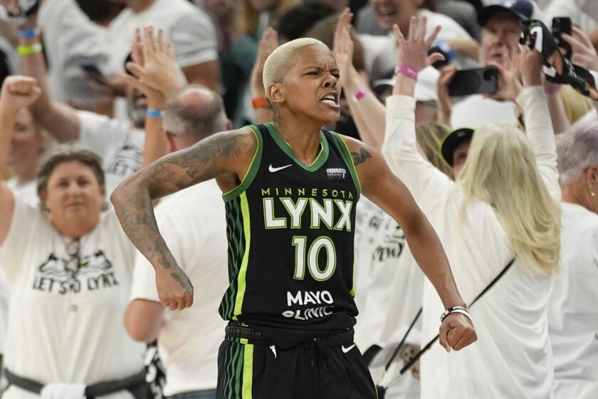 Minnesota Lynx guard Courtney Williams (10) reacts after defeating the New York Liberty.