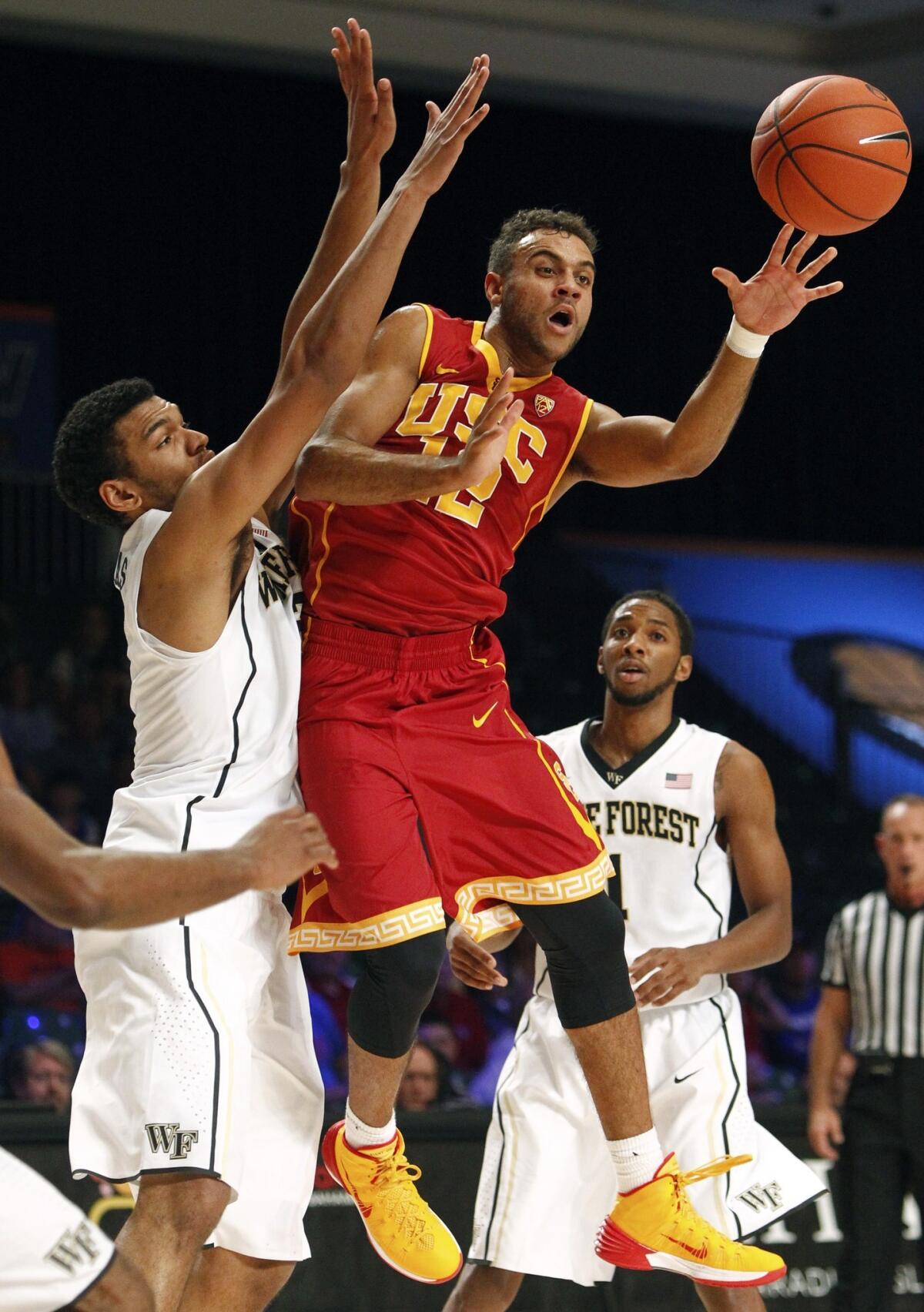 USC's Julian Jacobs makes a pass during a game against Wake Forrest on Nov. 29. Jacobs scored 16 points in the Trojans' 78-62 win Sunday over Boston College.