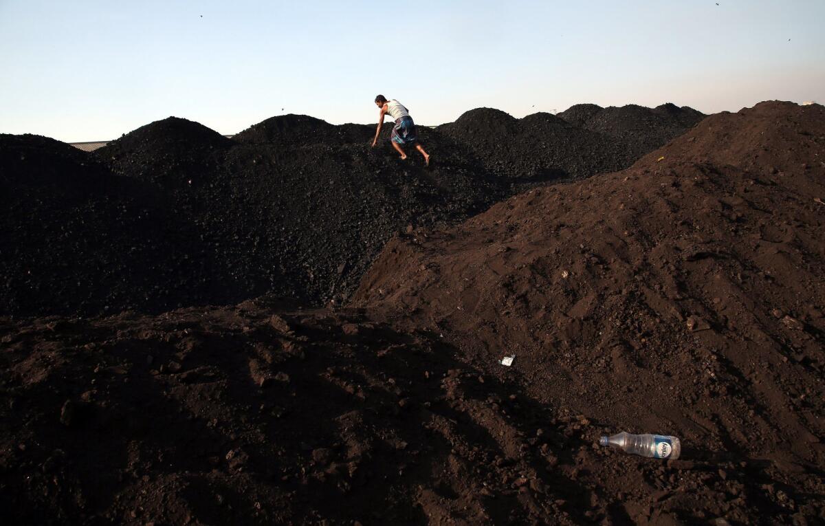 An Indian man climbs a mound of coal at a coal yard in Mumbai, India, on Jan. 7. Indian officials have accused Greenpeace of undermining the nation's economic security with its pressure campaigns against coal energy projects.
