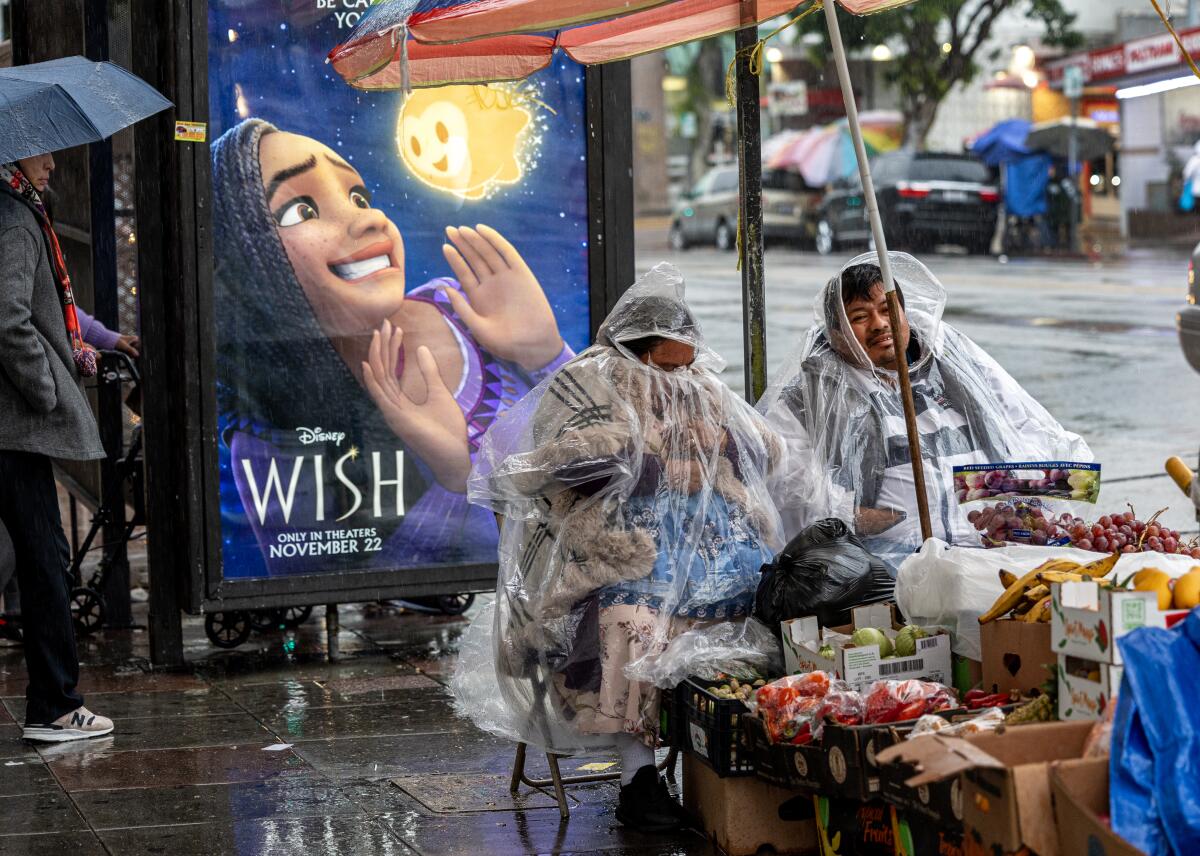 Wrapped in clear plastic raincoats, street vendors try to stay dry from a late afternoon rainstorm.