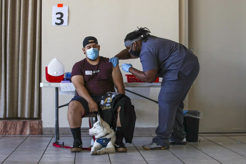 A man seated, with his dog, is vaccinated by a healthcare worker.