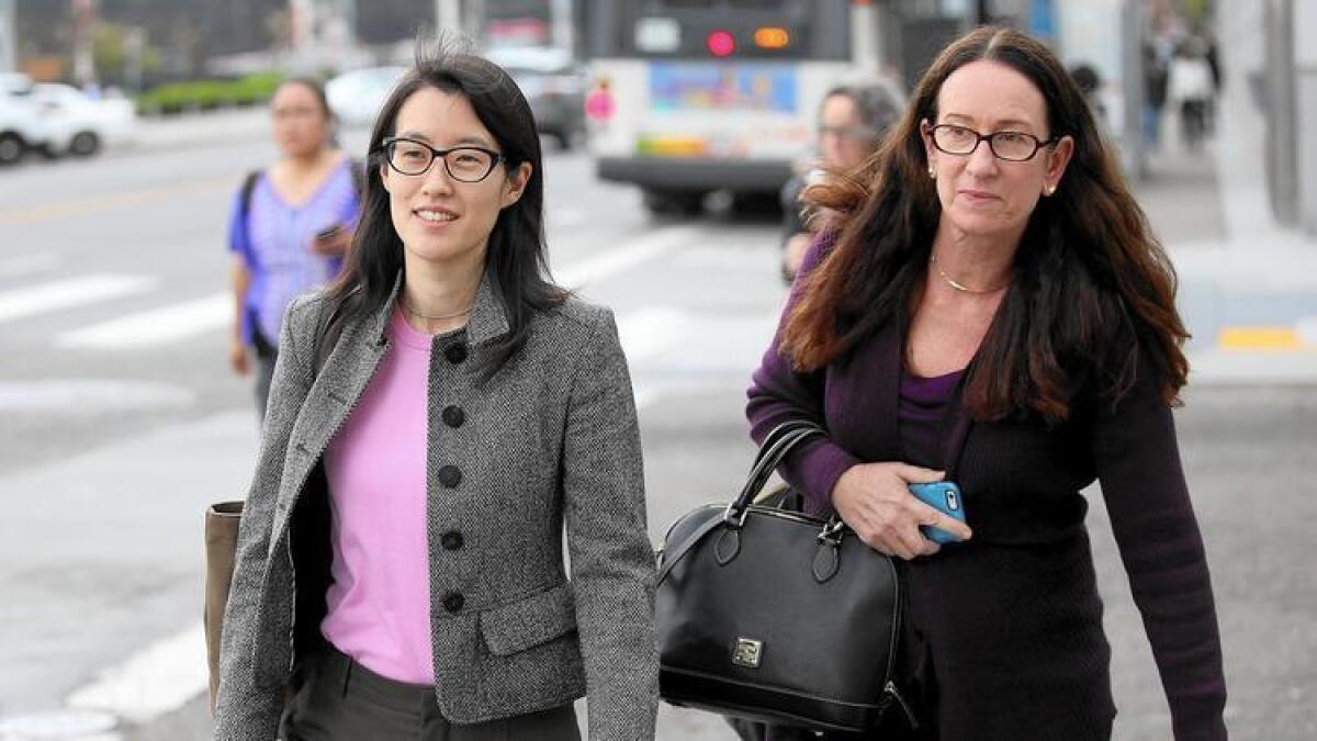 Ellen Pao, left, leaves court with her attorney Therese Lawless during the trial. She was suing her former employer, Silicon Valley venture capital firm Kleiner Perkins Caufield & Byers, alleging gender discrimination.