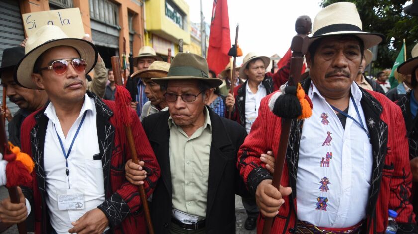 Guatemalan Maya leaders take part in a protest against President Jimmy Morales and in support of the International Commission Against Impunity in Guatemala, known as the CICIG, on Jan. 14, 2019.