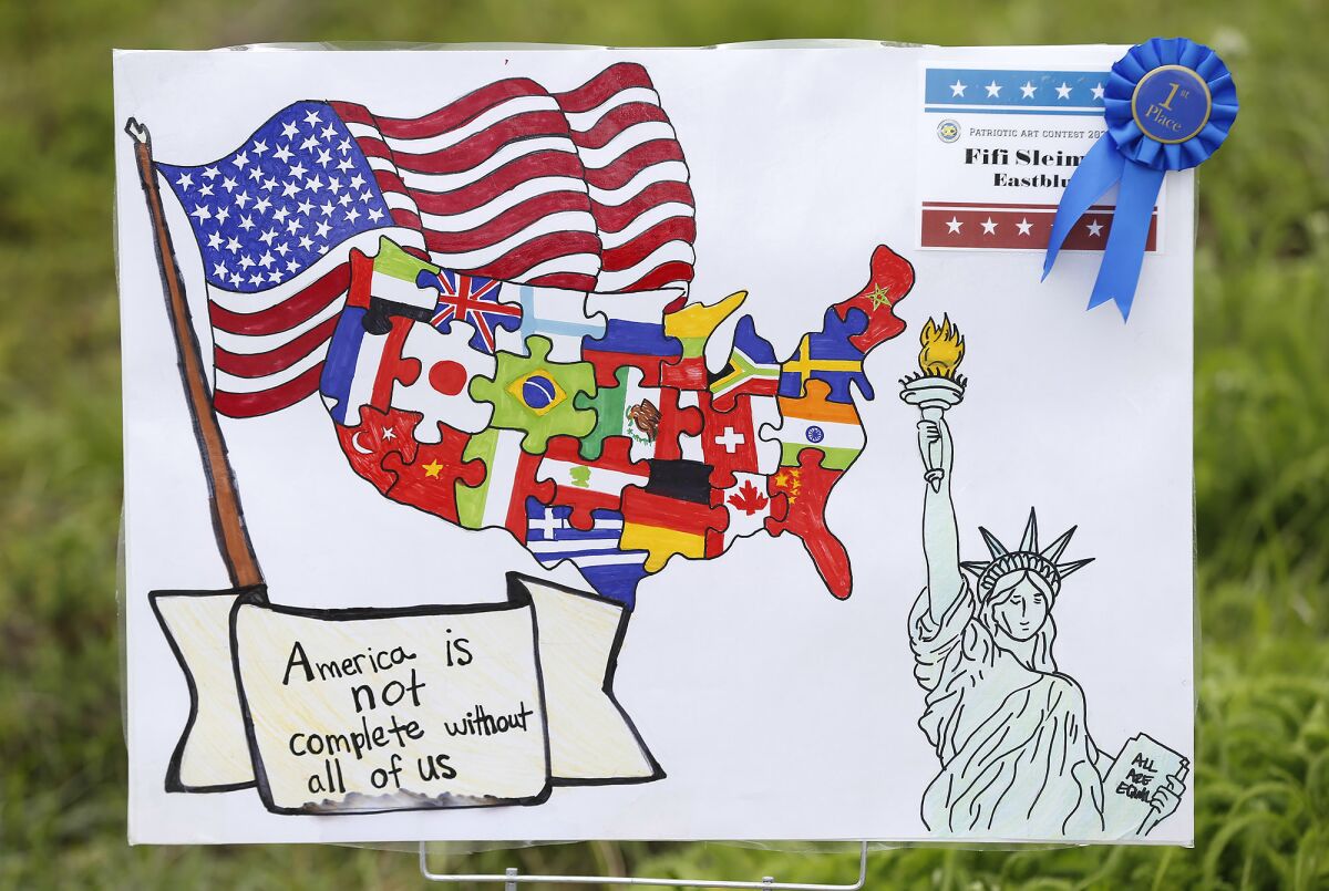 A first-place entry in the patriotic art contest from a student at Eastbluff School on display.