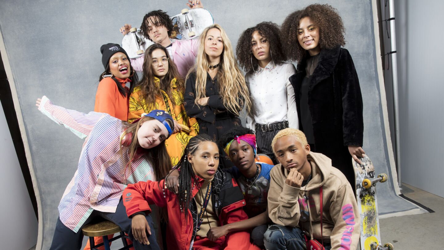 Nina Moran, Ajani Russel, Rachelle Vinberg, Alex Cooper, Dede Lovelave, director Crystal Moselle, Kabrina Adams, actor Jaden Smith, Brenn Lorenzo, and Jules Lorenzo, from the film "Skate Kitchen," photographed in the L.A. Times Studio at Chase Sapphire on Main, during the Sundance Film Festival in Park City, Utah, Jan. 21, 2018.