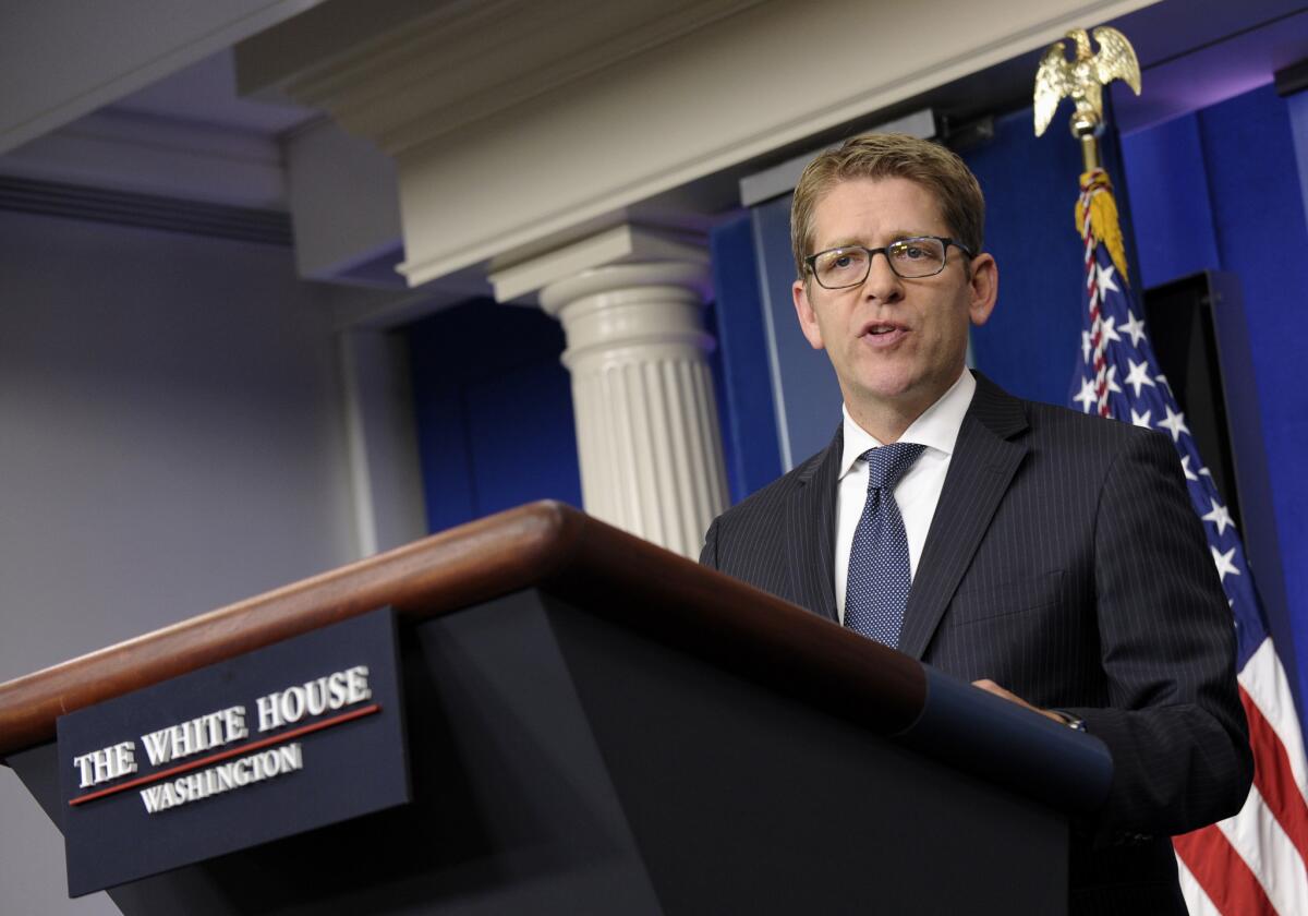 White House press secretary Jay Carney speaks during the daily briefing at the White House in Washington on Thursday. Carney was asked about National Security Agency leaker Edward Snowden, who left the transit zone of a Moscow airport and officially entered Russia after authorities granted him asylum for a year, his lawyer said.