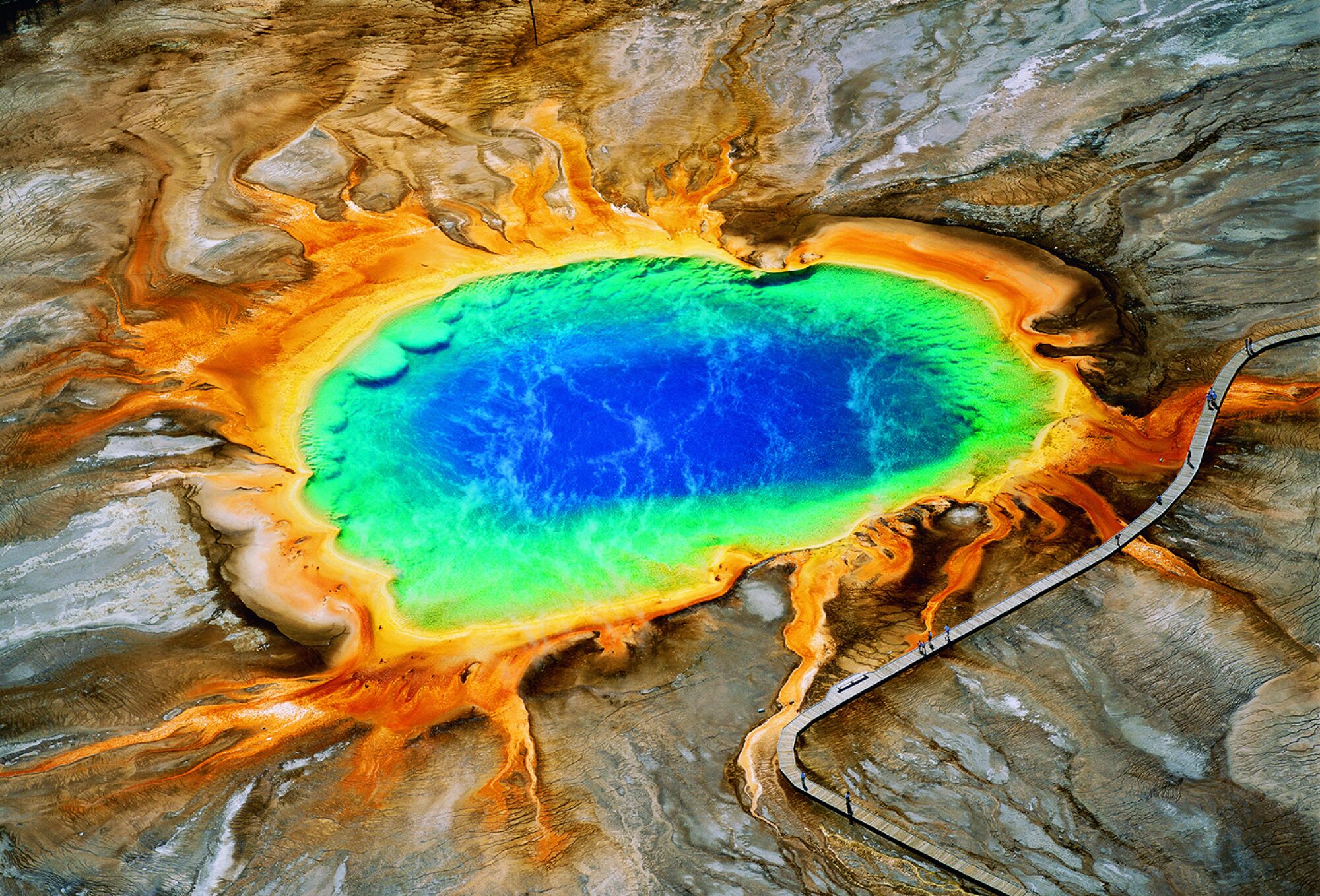 In this photo by George Steinmetz — part of "National Geographic: 50 Greatest Landscapes" — micro-organisms add red and yellow hues to Yellowstone's Grand Prismatic Spring.