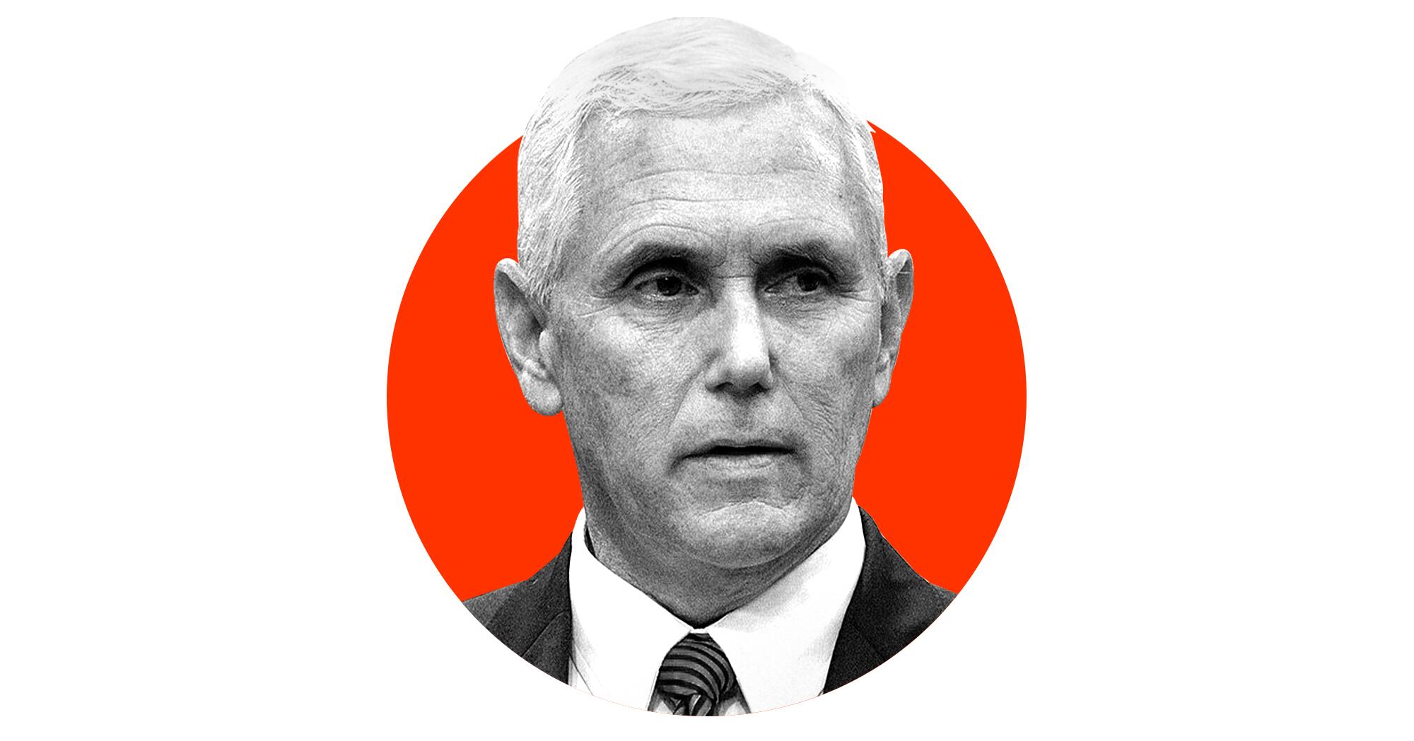 A photo illustration of a black-and-white headshot of former Vice President Mike Pence emerging from a red circle