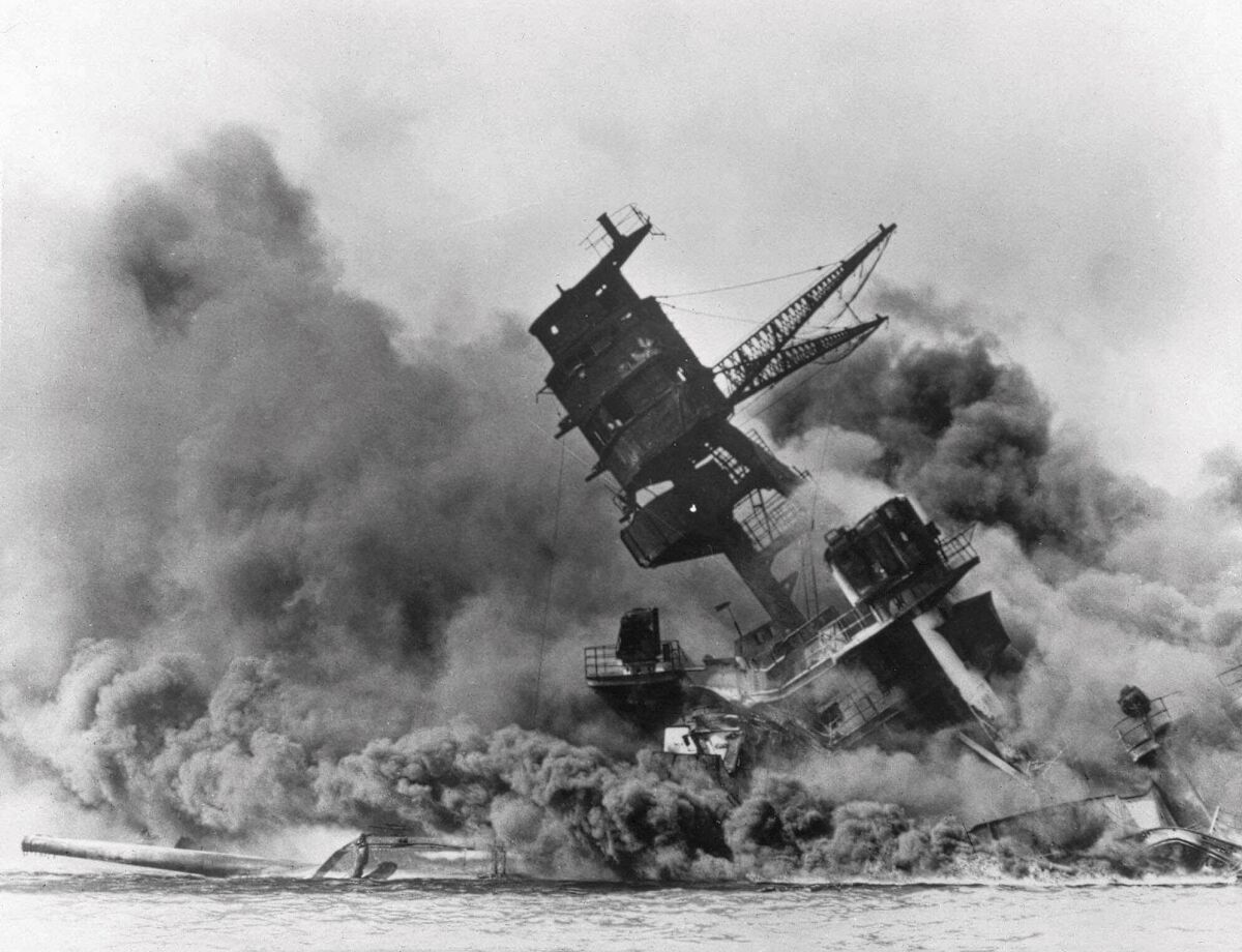 Smoke rises from the battleship USS Arizona on Dec. 7, 1941.