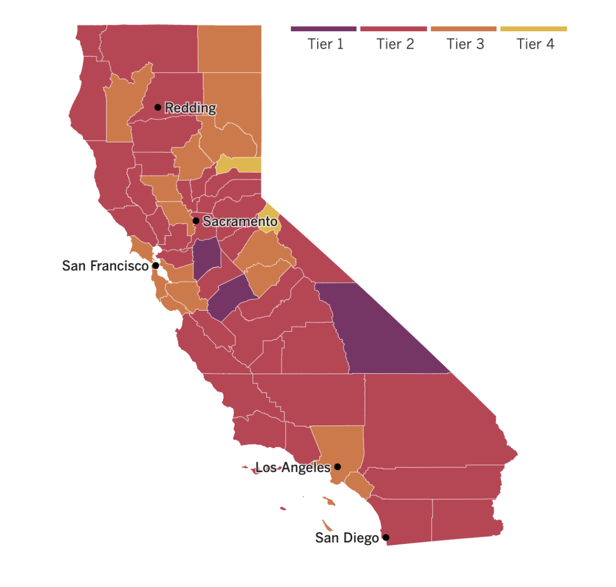California reopening map: Most counties are in the red tier, and Los Angeles and Orange counties are newly in the orange tier