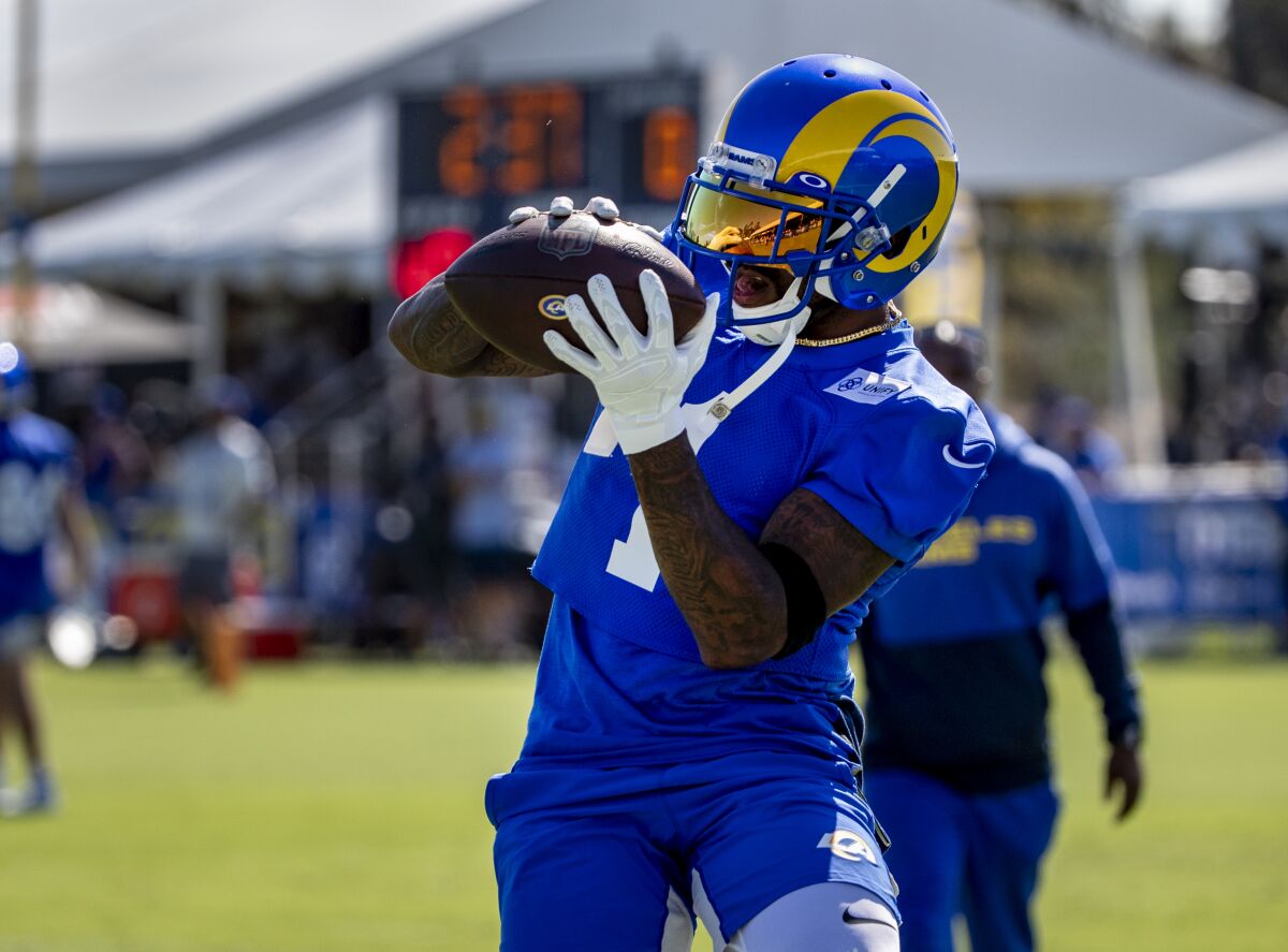 IRVINE, CA - JULY 28, 2021: Rams new wide receiver DeSean Jackson (1) pulls in a pass.