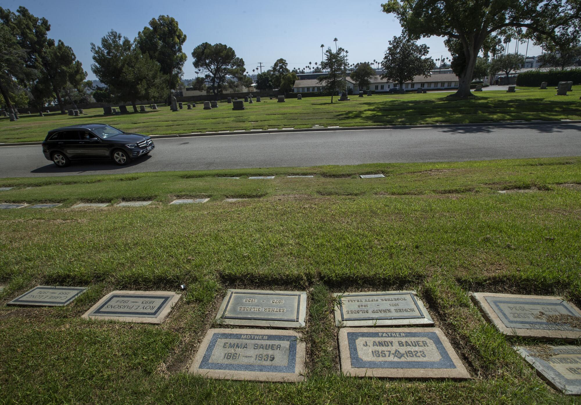 The gravestone of Bauer Pottery founder J.A. Bauer at Forest Lawn Memorial Park in Glendale