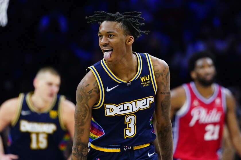 Denver Nuggets' Bones Hyland reacts after making a three-pointer during the second half of an NBA basketball game against the Philadelphia 76ers, Monday, March 14, 2022, in Philadelphia. (AP Photo/Matt Slocum)