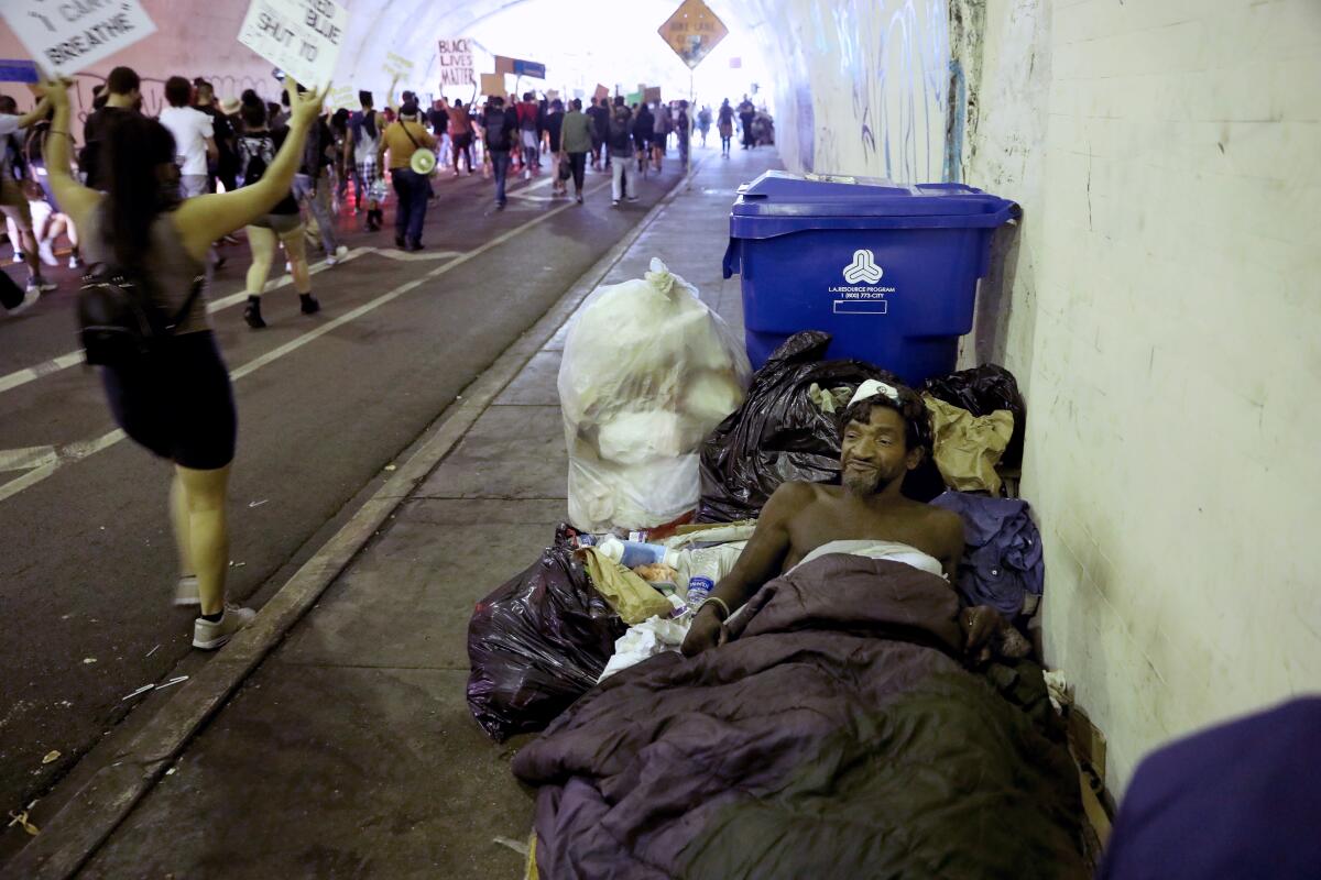 Protestors in the 2nd Street Tunnel in Los Angeles. 