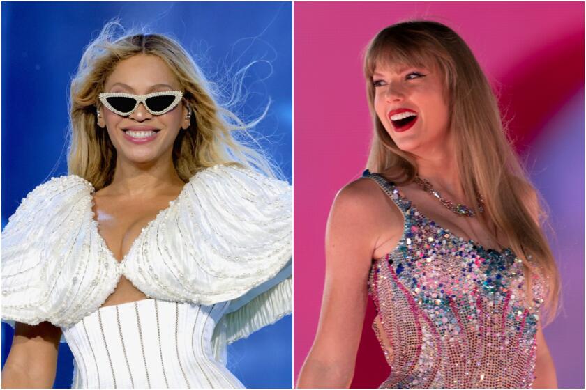 A split image of Beyoncé smiling in a white blouse and white sunglasses, and Taylor Swift smiling in a bejeweled bodysuit