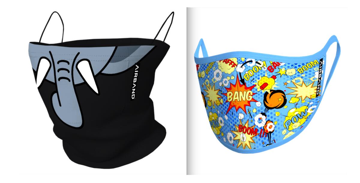 Airband masks with elephant figure and comic graphics