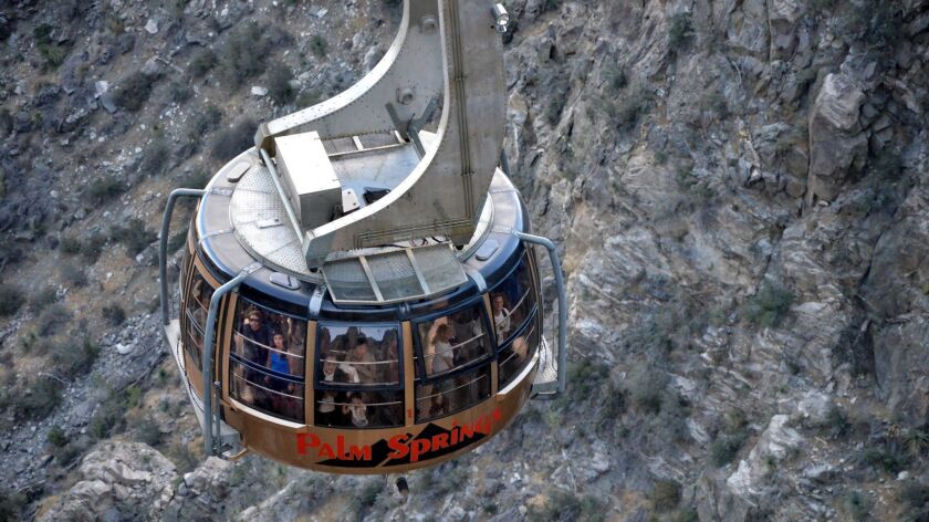 The Palm Springs Aerial Tram climbs in 10 minutes to a mountain station about 8500 feet above the desert floor.
