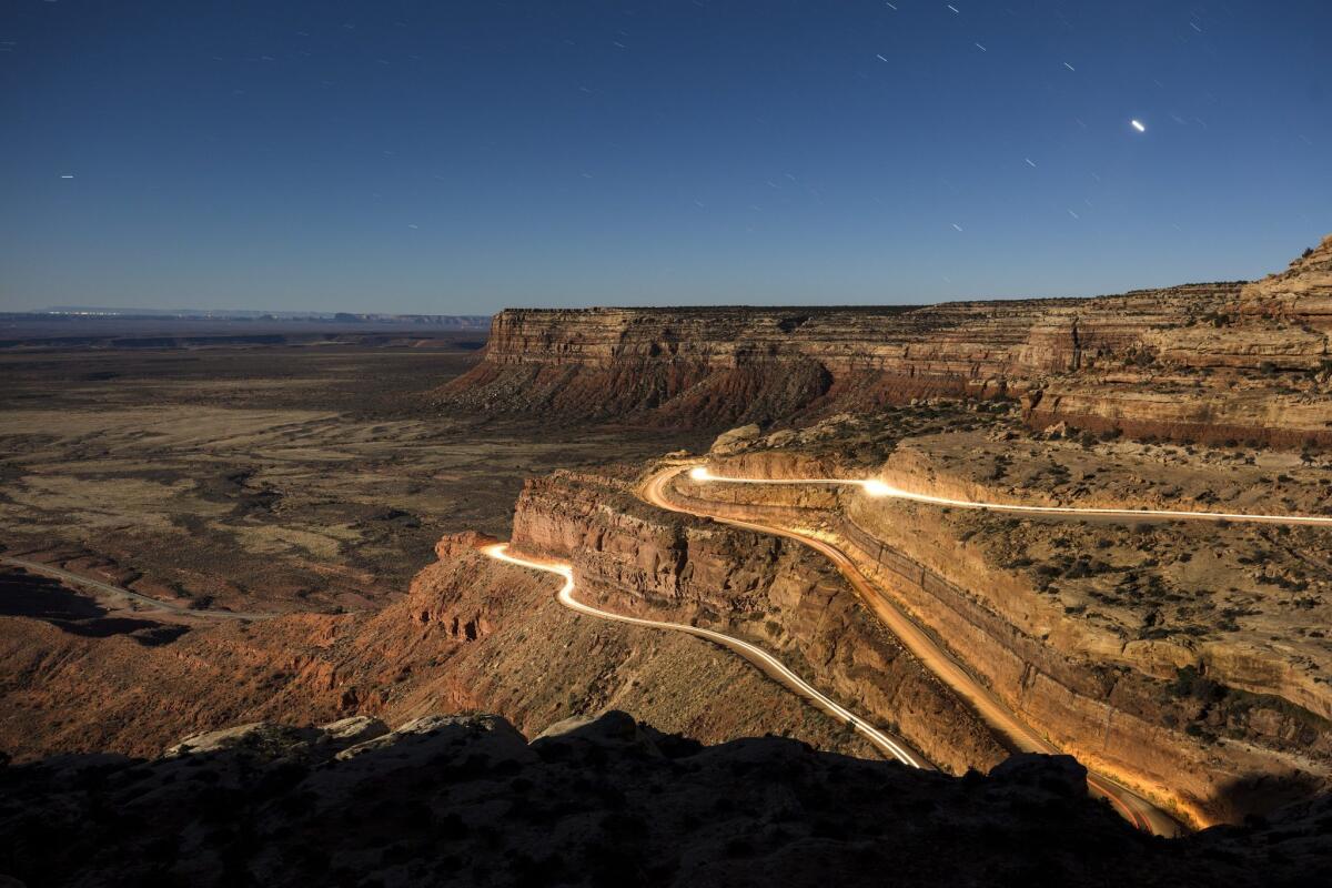 A series of steep switchbacks climb 1,200 feet from the Valley of the Gods to the top of Cedar Mesa near Mexican Hat, Utah.