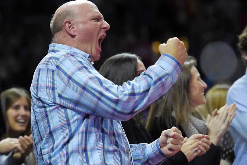 L.A. Clippers owner Steve Ballmer cheers during a Clippers matchup with the San Antonio Spurs earlier this season.